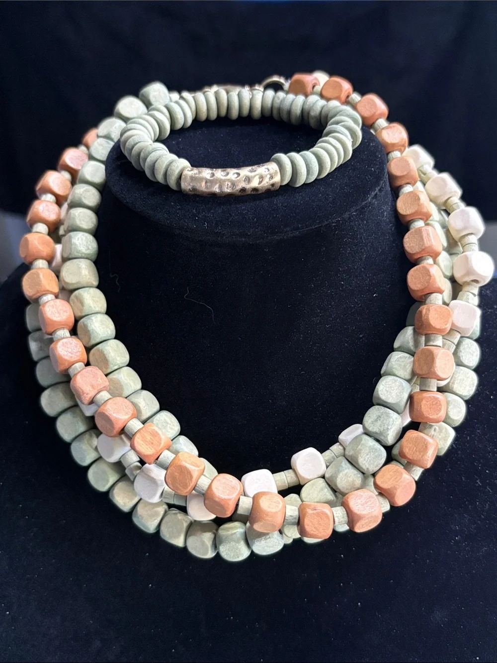 Plunder Multistrand Beaded Necklace and Bracelet in Mint, Peach & Cream (v)